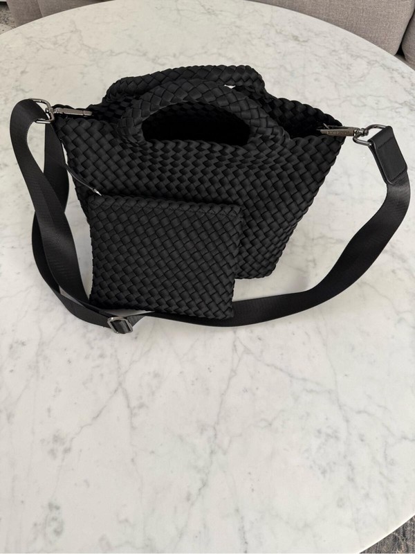 Naghedi St Barths Mini Tote Black Woven Neoprene Crossbody Bag w/ Pouch