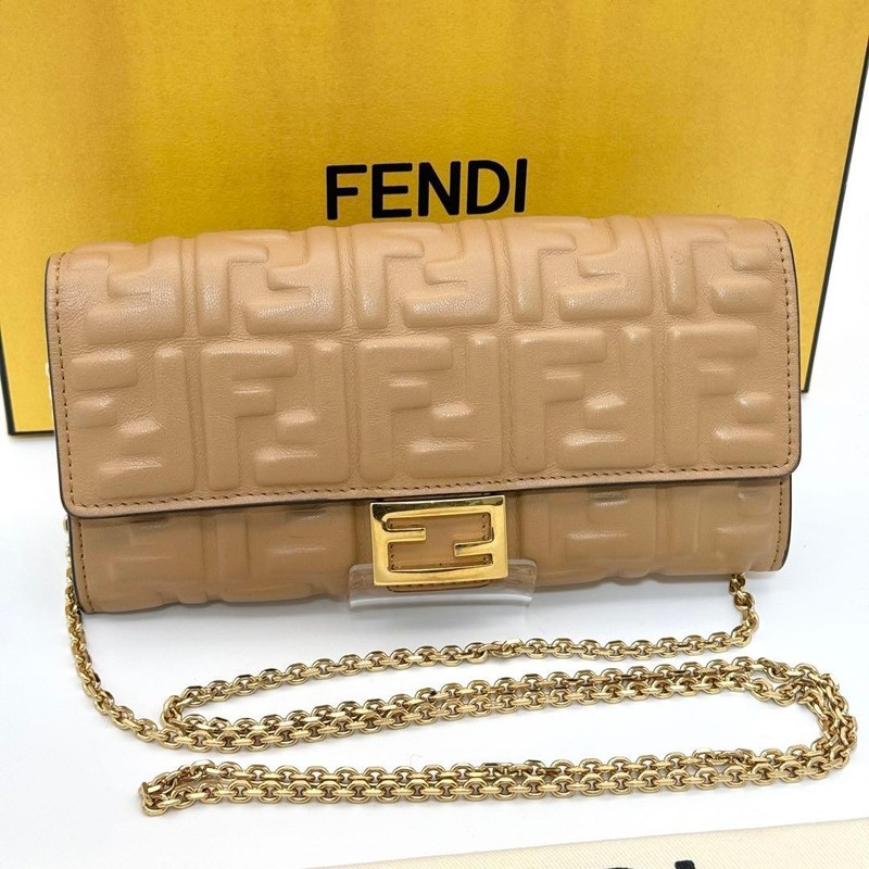 FENDI Baguette Continental Wallet Camel FF Embossed Gold Chain Strap Authentic