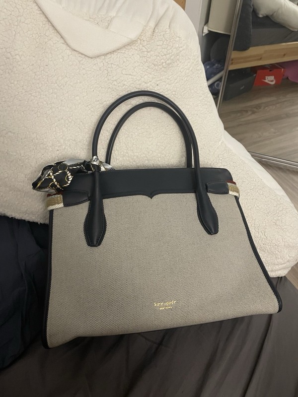 Kate Spade New York Beige/Black Medium Satchel Tassel Bow Charm Zip Pockets gallery