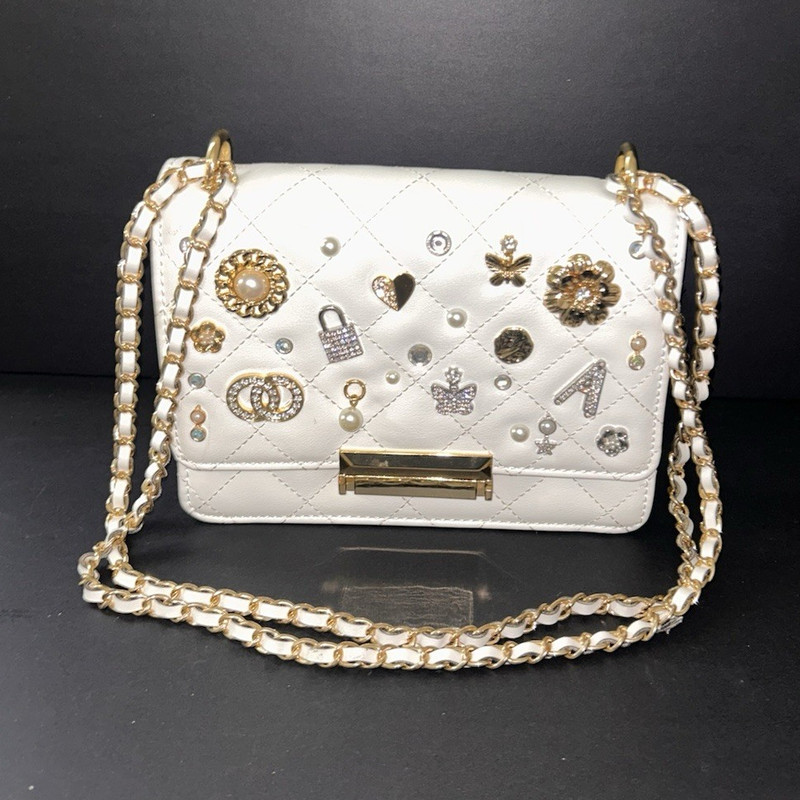 Aldo White Quilted Rhinestone Embellished Crossbody Bag Gold Chain Strap