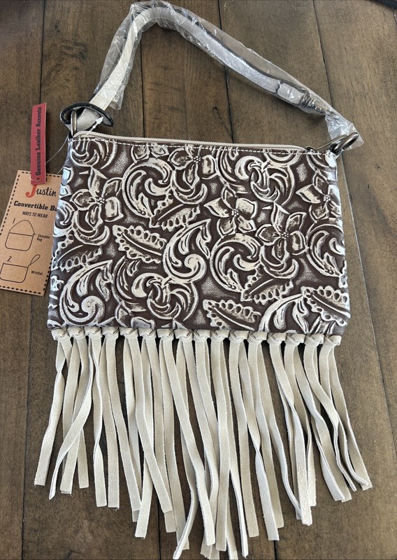 Justin Convertible Shoulder Bag Or Wristlet Leather Embossed Brown 8.5″x5 3/4″