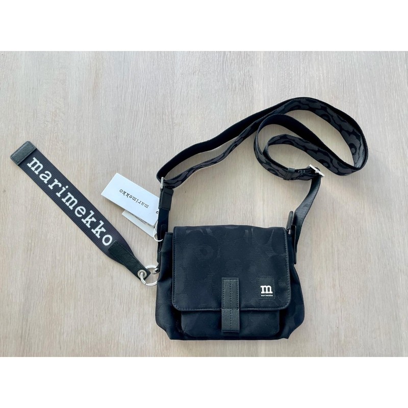 Marimekko Black Unikko Mini Messenger Bag, Floral Poppy Print Shoulder Crossbody