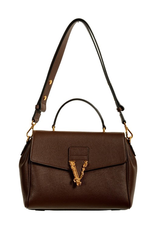 Versace Women’s Brown Grainy Leather Gold V Logo Satchel Handbag Shoulder Bag