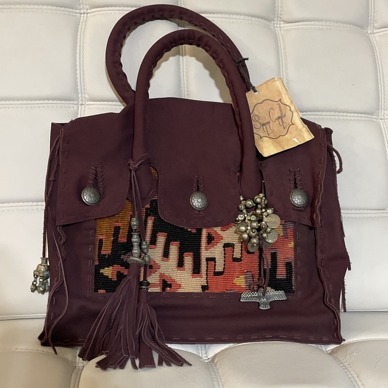 Simone Camille Suede Leather Carpet Boho Metal Coin Tassles Bag Handbag Large