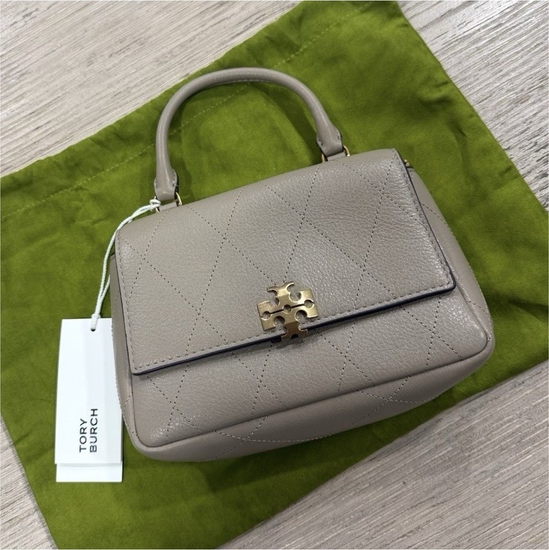 Tory Burch Mini Charlie Beige Quilted Logo Satchel Top Handle Crossbody NWT