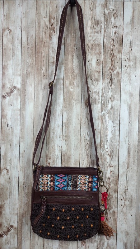 THE SAK Crossbody Bag Brown Leather Boho Purse Crochet Beaded Tassel Charm Clip