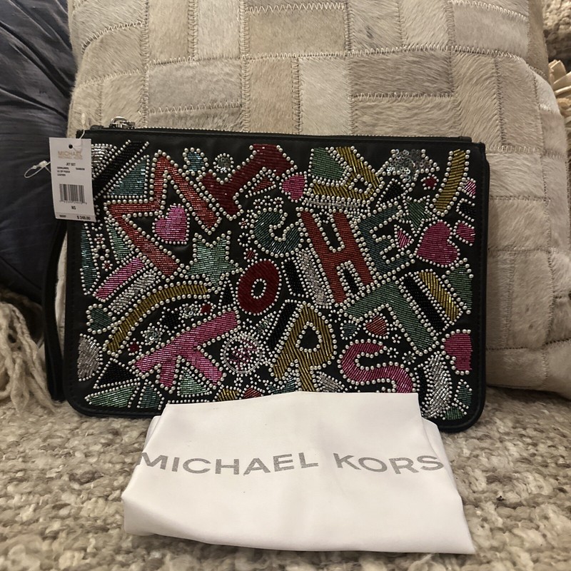 New Michael Kors Jet Set Large Zip Pouch in Black And Rainbow Beads Unique