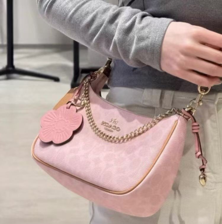 NWT Coach Teri Shoulder Bag Signature Canvas With Charms Gold/Powder Pink CEA20 gallery