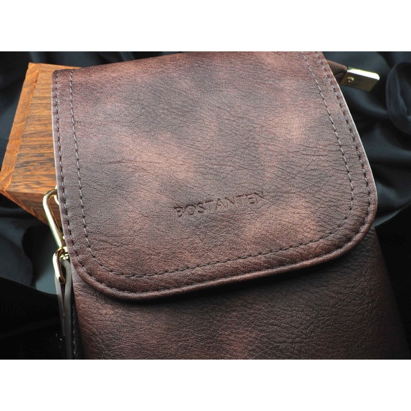 Bostanten Brown Vegan Leather Small Crossbody Phone Bag Wallet Gold Hardware