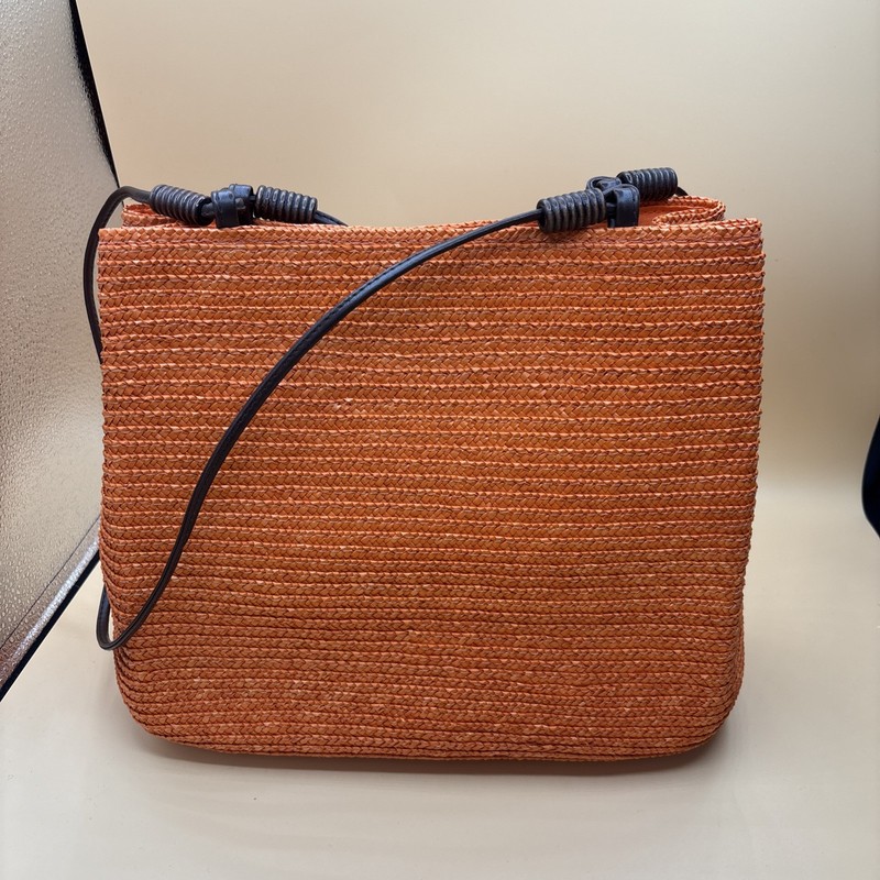 NWOT Orange 100% Wheat Straw Purse w/Leather & Wood Handles 10″x 11″x 4″