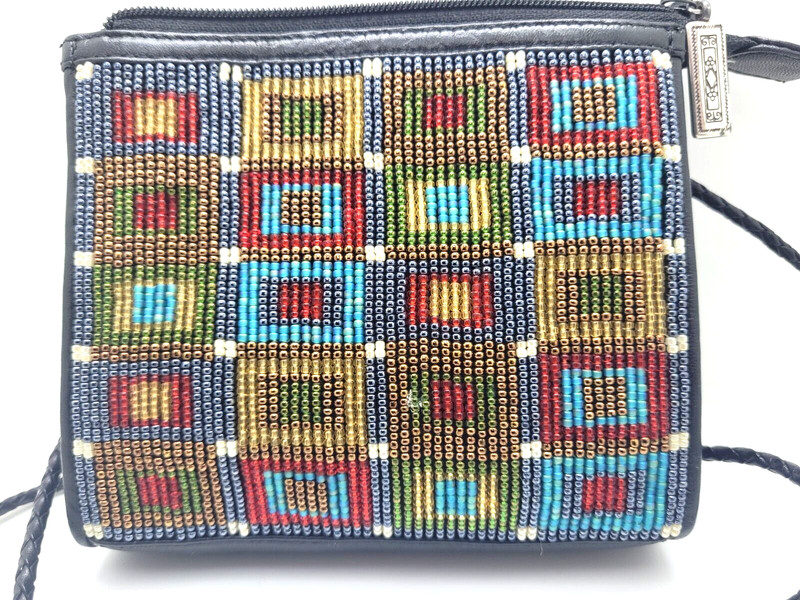 Brighton Beaded Crossbody Bag Small 5″ x 4 1/2″ Braided Strap Black Leather EUC