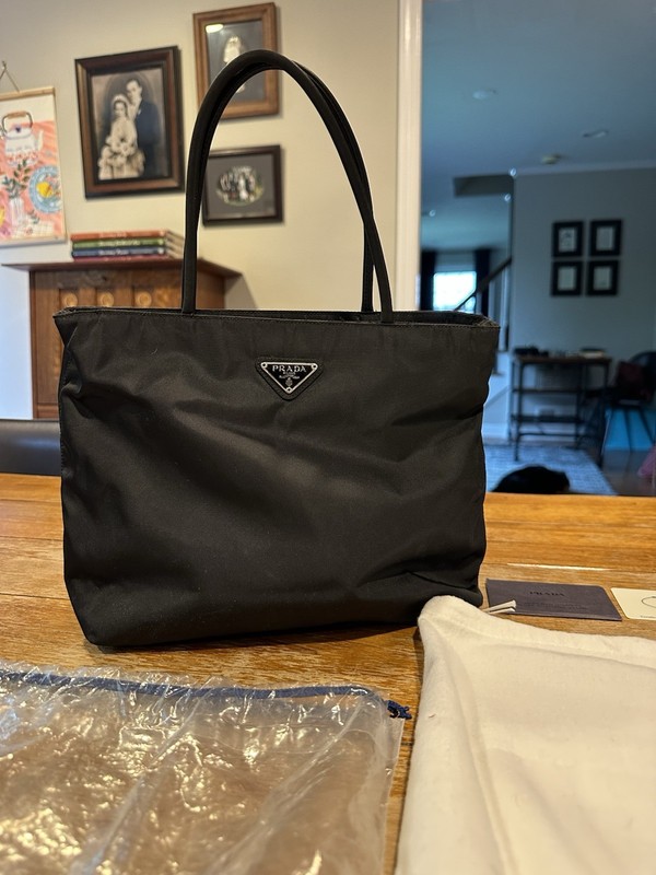 PRADA Black Tote Bag with Logo Accent, Original Dust Bag, Brand Card