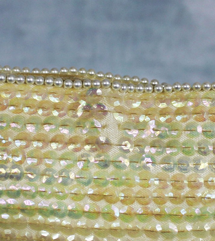 Vintage 50s 60s Beaded Iridescent Sequins Faux Pearl Trim Clutch Made in Japan gallery