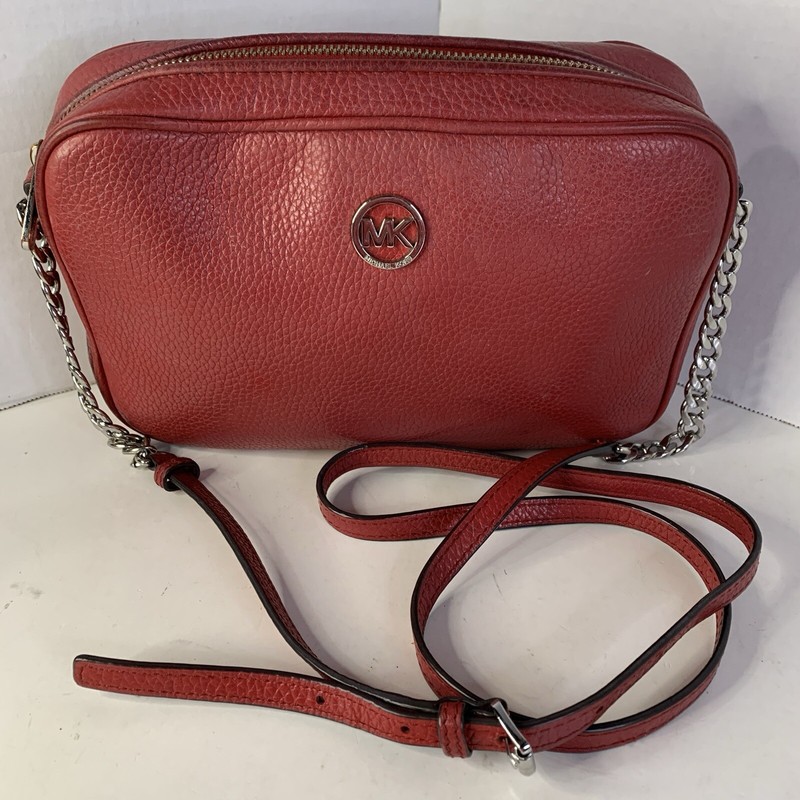 MK Michael Kors Red Fulton Pebbled Leather Crossbody Bag Chain Strap Accent-NICE