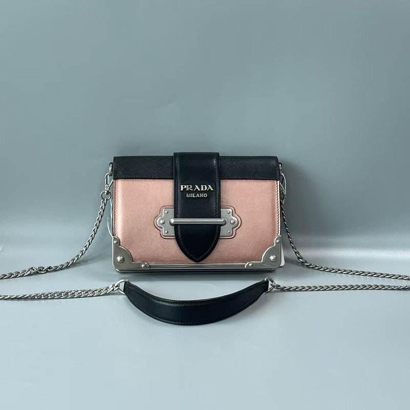 Auth Prada Cahier Pink Satin & Black Leather Crossbody Bag Silver Hardware 1