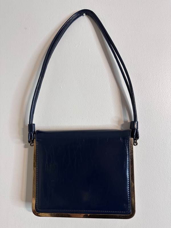 Vintage Markay Sac Navy Blue Leather Handbag Gold Frame Made in USA 60s 70s