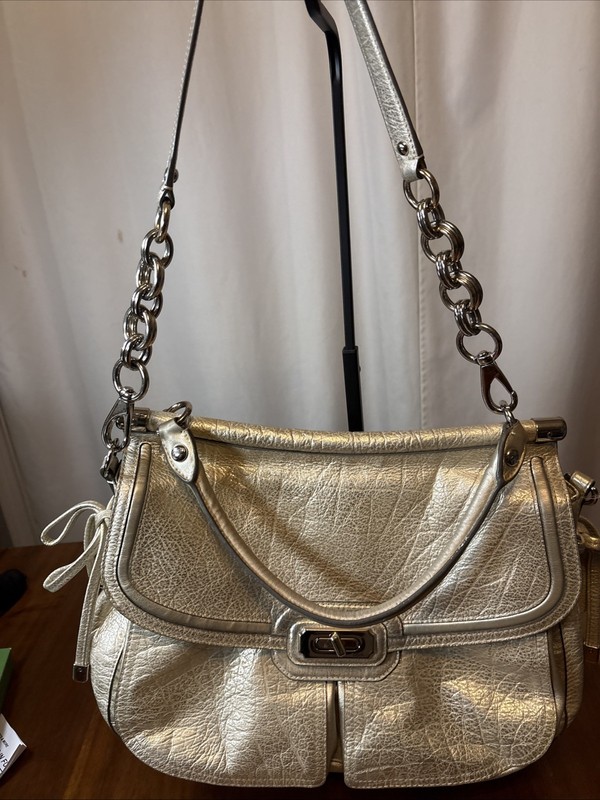 Coach Metallic Gold Leather Shoulder Bag Tote Purse Chain Strap Large gallery