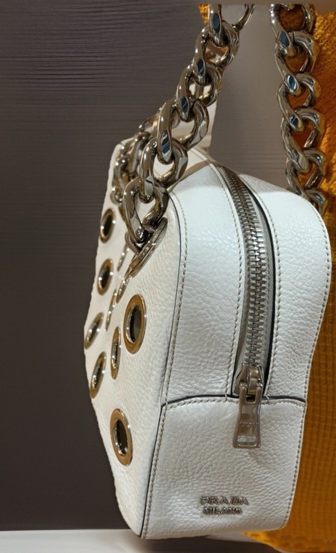 New Prada White Satchel Bag with Grommet & Chain Accents-originally $2600 W/tags gallery