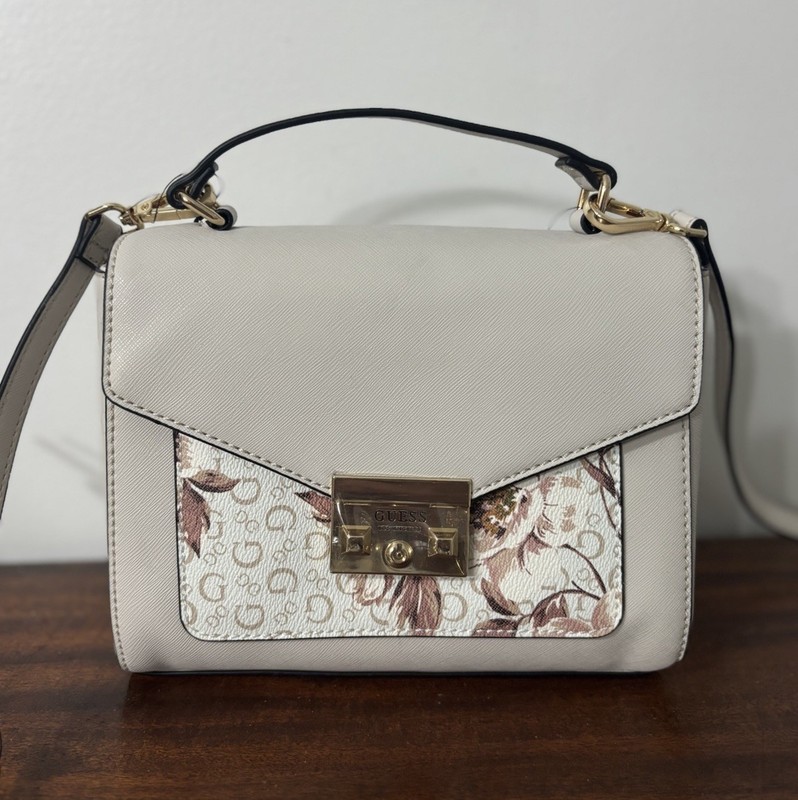NWT GUESS Purse Floral Logo HandBag Off White Pink Mauve Satchel Crossbody NEW gallery