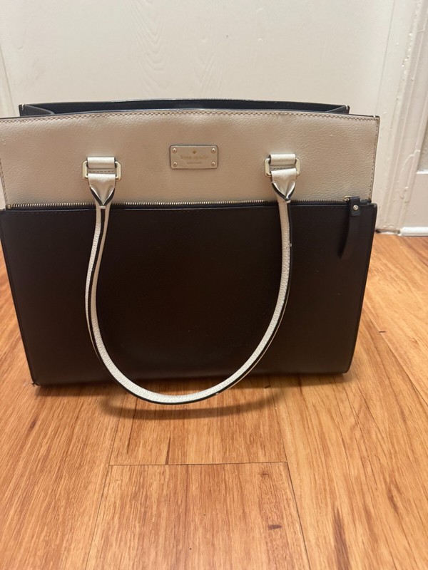 Kate Spade Laptop Bag Top Opening Black Beige Leather with Front zip pocket