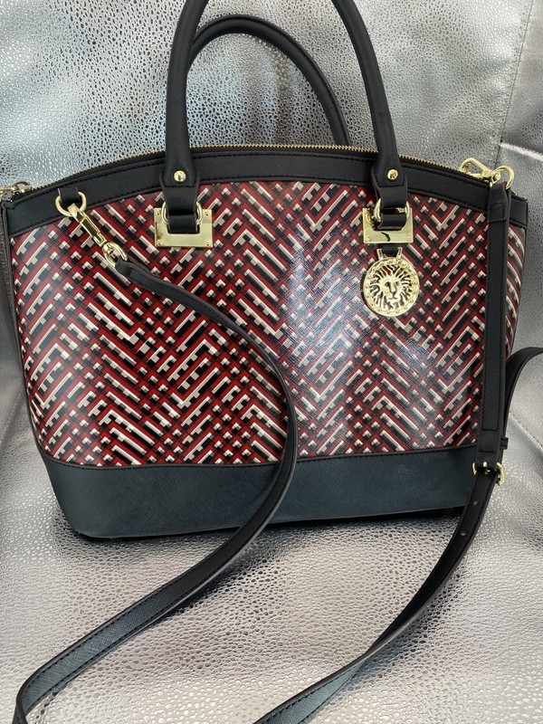 Anne Klein Geometric Pattern Shoulder Bag Gold Medallion Red Black gallery