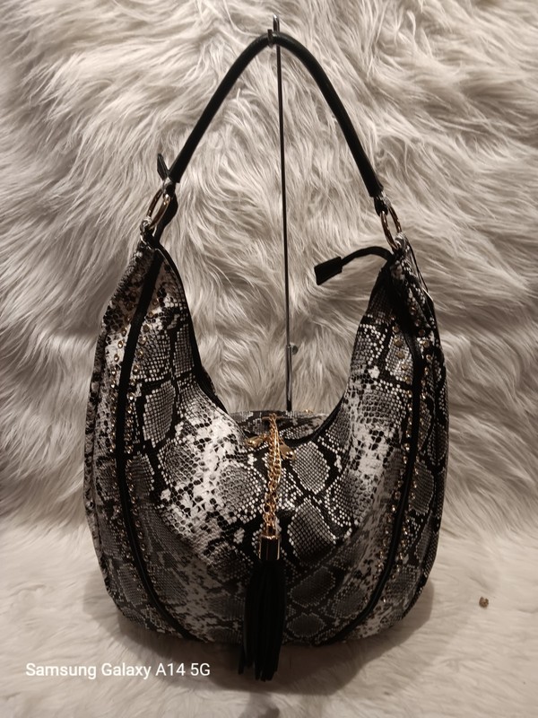 X- LARGE BLACK AND WHITE SNAKE SKIN RHINESTONE TASSEL ACCENTED HOBO SHOULDER BAG