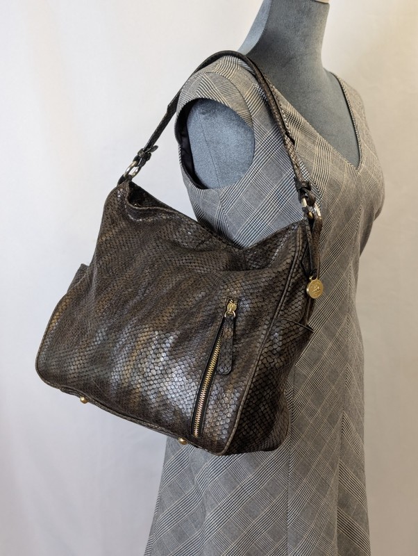 Brahmin Metallic Bronze Embossed Leather Hobo Shoulder Bag with Dust Bag
