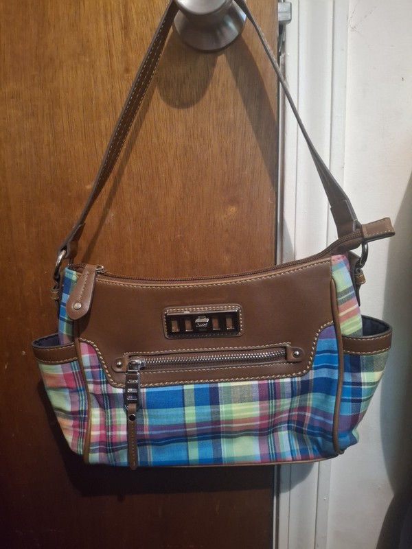 Chaps Plaid Shoulder Bag Multicolor/Brown Zip Top Lined Inner & Outer Pockets