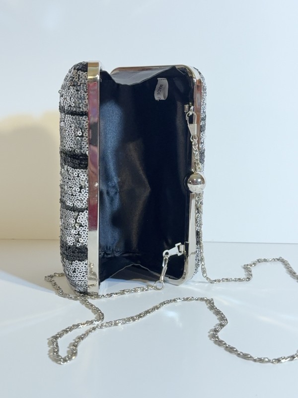 Tasha Silver Evening Clutch Coctail Hard Shell Black Sequins Icicles Purse gallery