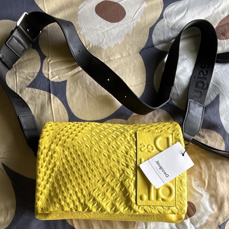 Desigual Yellow Embossed Small Crossbody Bag Zip, Adjustable Detachable Strap