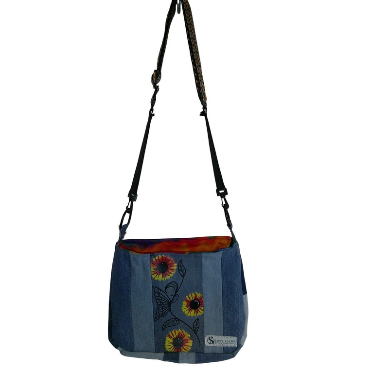 Hippie & Hobo Studios Handmade Cosmic Sunflowers Denim Boho Shoulder Bag
