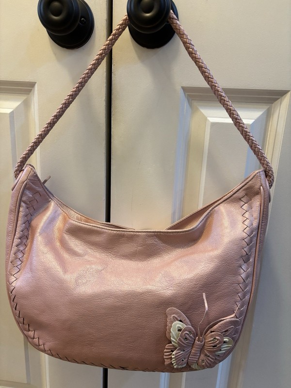 Vintage Via Spiag Pink Leather Shoulder Bag Butterfly & Braided Accent & Zippers
