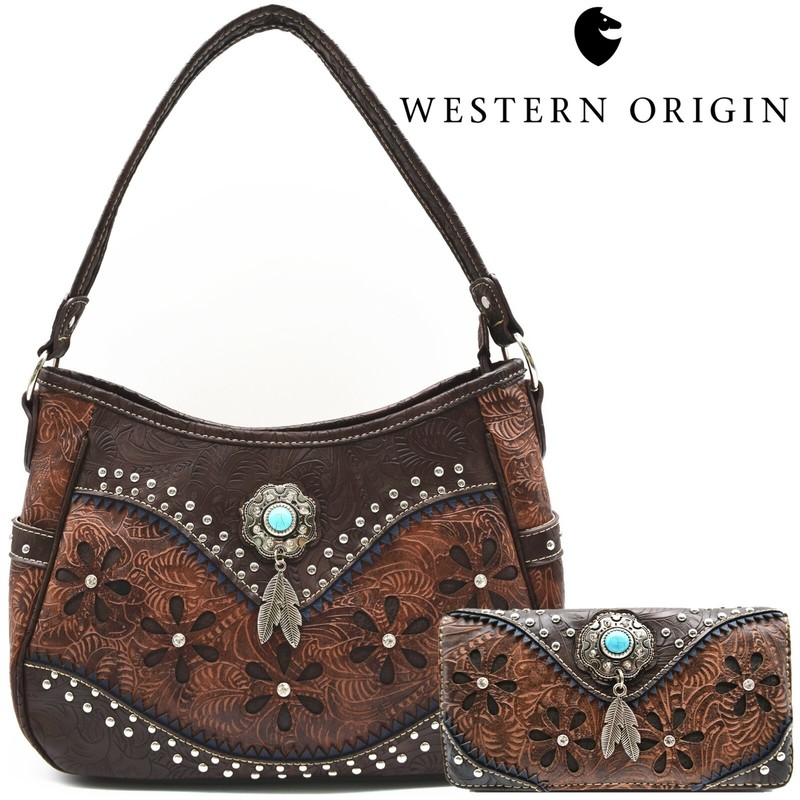 Western Handbag Concealed Carry Purse Feather Women Shoulder Bag Wallet Coffee