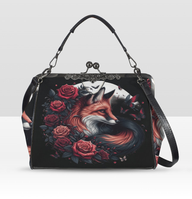Dark Victorian Gothic Fox Moon Roses Butterfly Shoulder Cross Body Bag Satchel