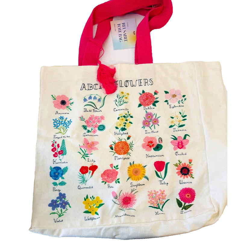 Flower Tote Bag Reusable Canvas Floral Alphabet Print Floral Pink Handles ABC’s