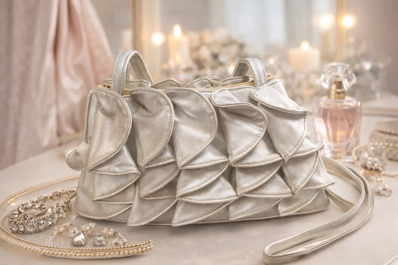 Sandra Roberts Ruffles Metallic Silver evening bag