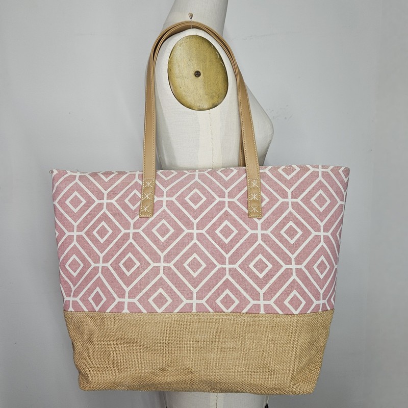 Miztique 15x14x6″ Tote Bag Cotton Burlap Double Handle Pink Lattice Large Lined