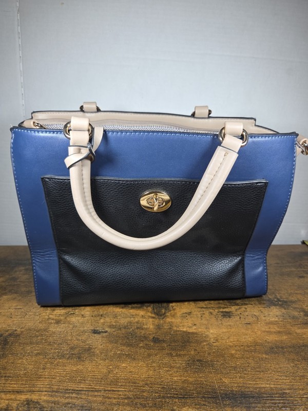 Unbranded 12x6x9 Purse Blue/Black/Tan No Strap -handles (339)
