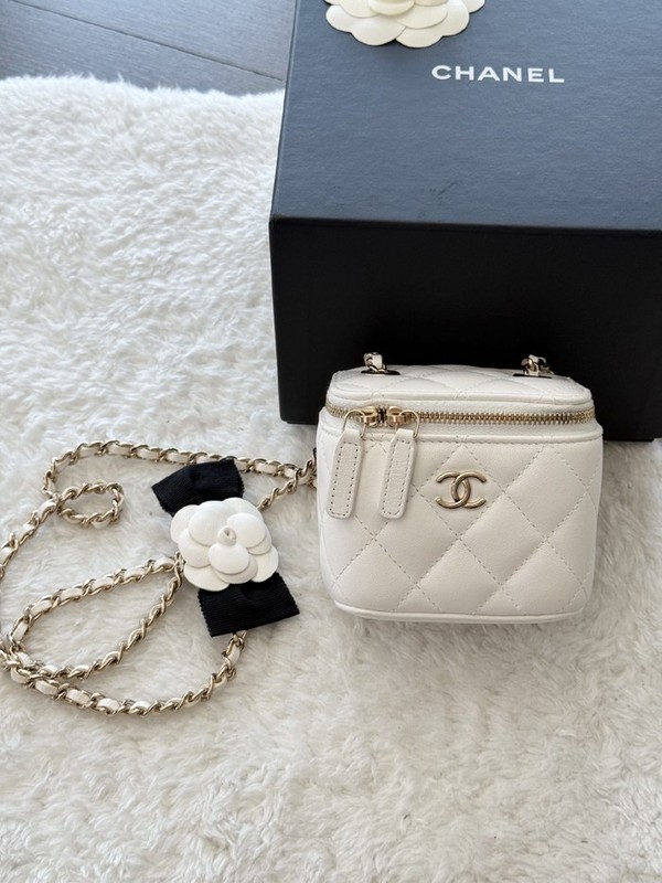 Chanel Camellia Bow My Lady Vanity Case Mini Bag with Chain Quilted Lambskin