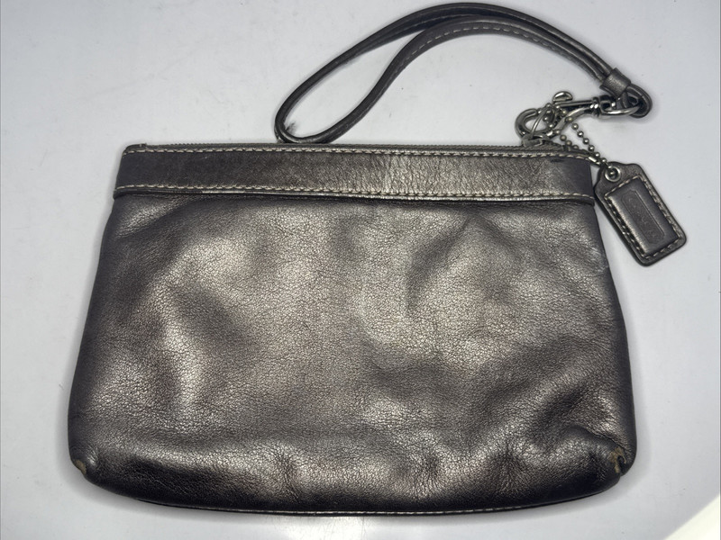 Coach Silver Metallic Pleated Leather Wristlet with Fob - Top Zipper with Strap gallery