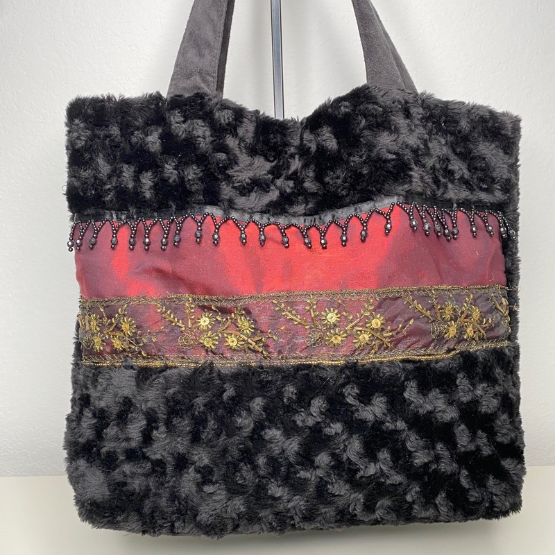 Lily Black Tote Bag Black Faux Fur Red Beaded Embellished Gold Accent