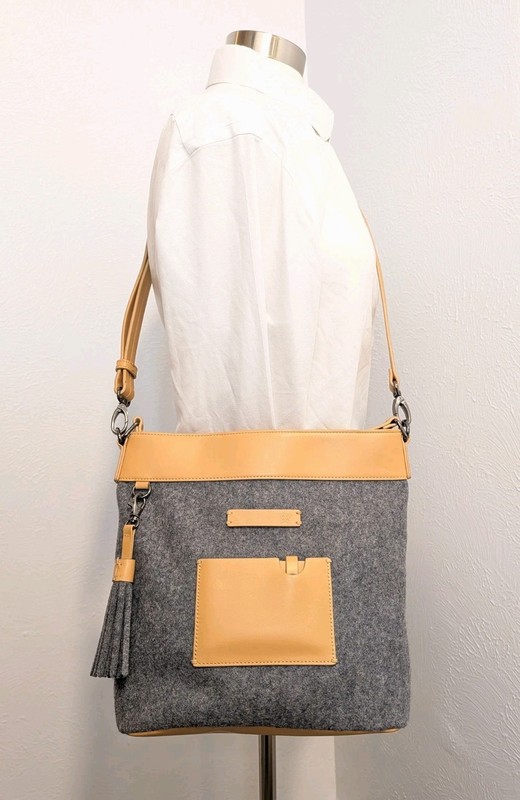 Sherpani Luna Crossbody Shoulder Bag Grey Wool & Faux Vegan Tan Leather EUC