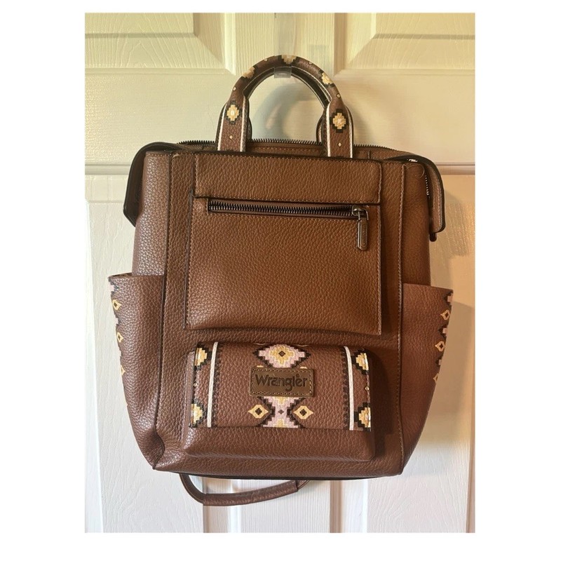 Wrangler Western Geometric Brown Backpack w/ Zip, Top Handle & Detachable Strap