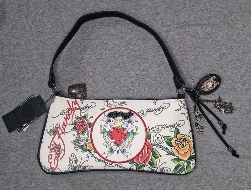 NWT Ed Hardy Shoulder Bag White Love Kills Slowly Roses Skulls