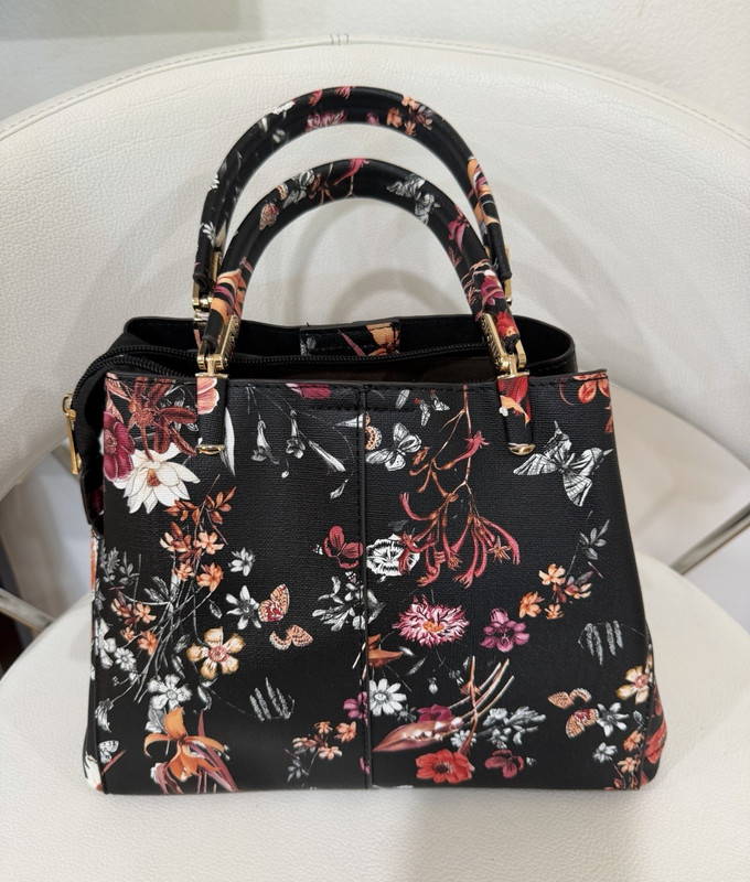 Women’s Black Floral Satchel Top Handle Bag Zip, Detachable Strap, Gold Hardware