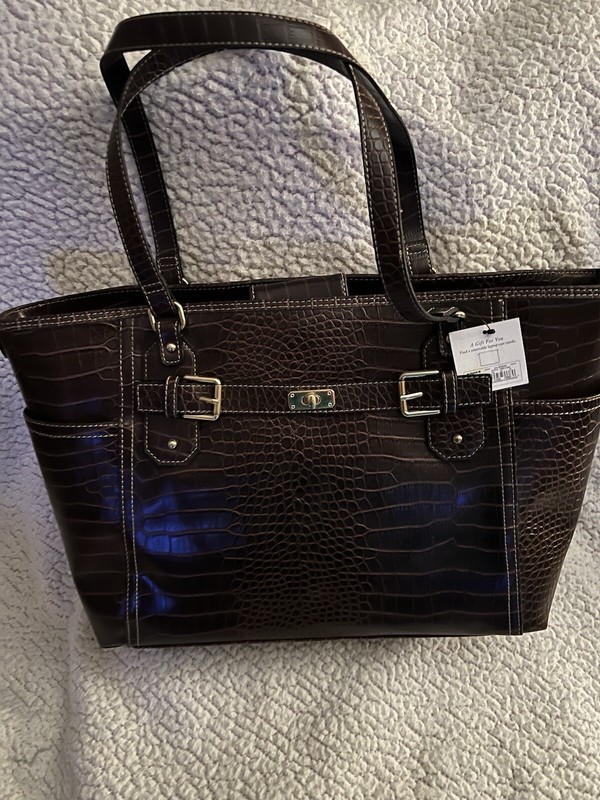 Womens LARGE Brown Faux Leather Croc Business Tote With Removable Laptop Case