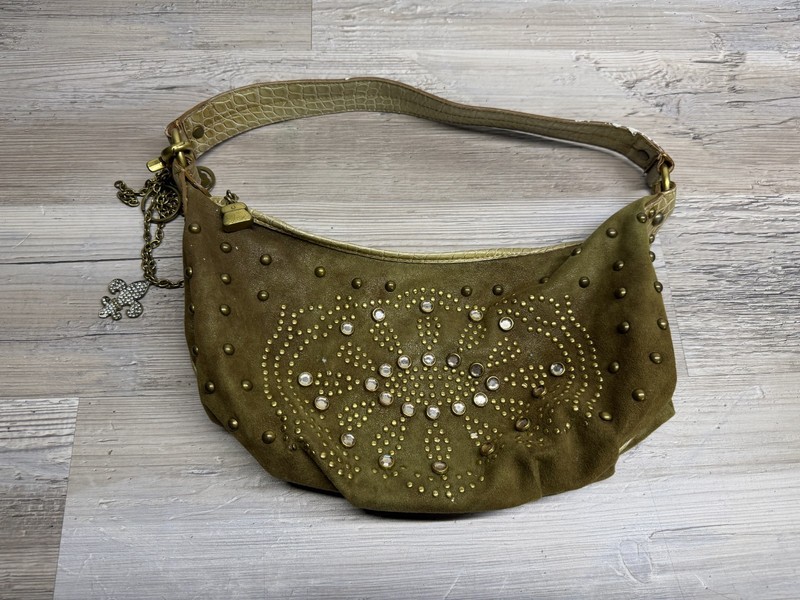 Vintage Y2K Kathy Van Zeeland Olive Suede Studded Rhinestone Hobo Shoulder Bag