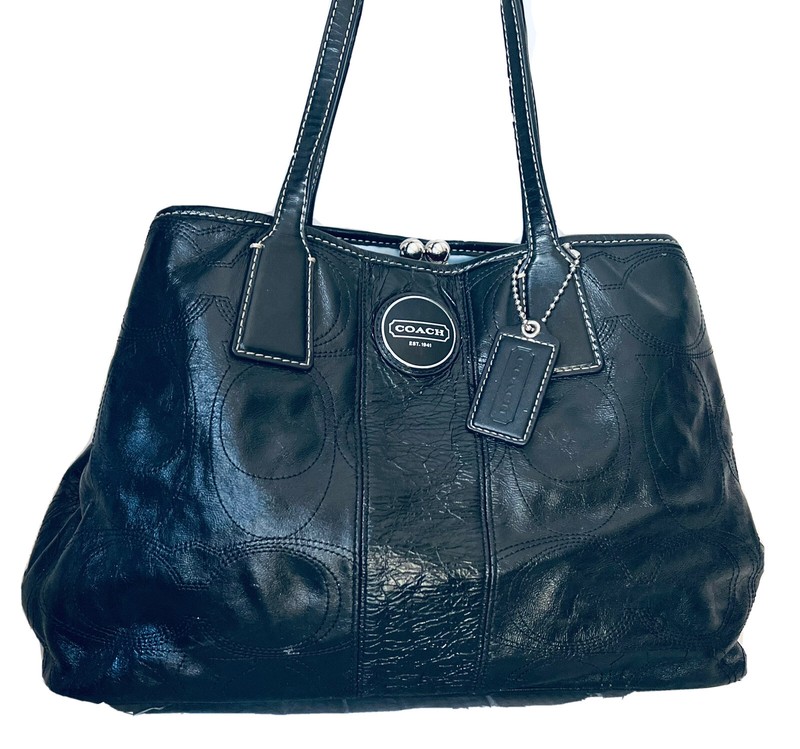 BLACK COACH SIGNATURE MID FRAME SHOULDER TRAVEL HOBO TOTE HANDBAG #F15658 LTHER