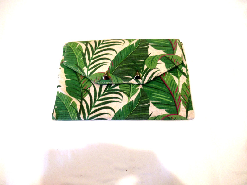 Stella and Dot green palm leaf clutch purse, card slots inside