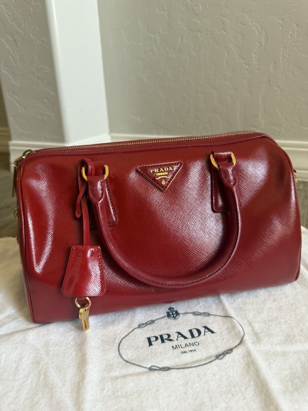Authentic PRADA Triangle Logo Saffiano Leather Red Mini Boston Bag With Dust Bag gallery
